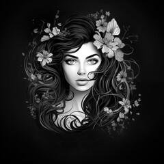 illustration of a beautiful girl in a stylish tattoo style in black and white on a black background in low key dark colors