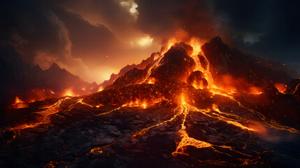 volcanic eruption, incandescent lava flow down the slope. environmental disaster. fire magma.