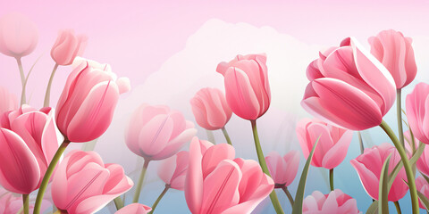 Pink tulips on a light background in pastel colors - obrazy, fototapety, plakaty