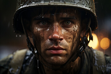 a soldier at war, a warrior in a helmet. military profession. portrait of a man in battle.