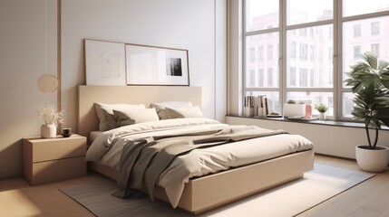 Obraz premium Modern interior of light bedroom with window. AI generated.