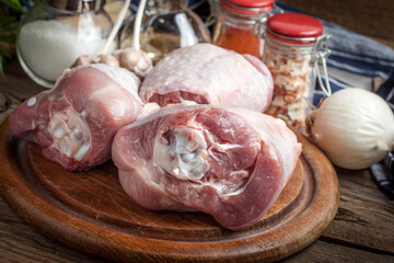 Raw turkey legs on cutting board.