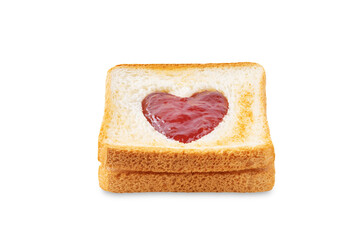 Sweet sandwiches with strawberry jam with heart shape inside for Valentine's day holiday on a white isolated background