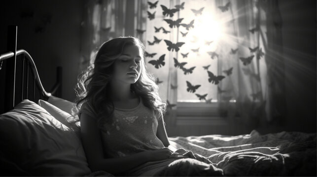 a black and white realistic photo of a woman sleeping in a child’s bed in a little girl’s bedroom decorated with butterflies with early morning sun coming through the window