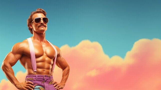 Man in sunglasses and mustache in 1980 style and retro style in pink shorts with suspenders against blue sky and sunset background