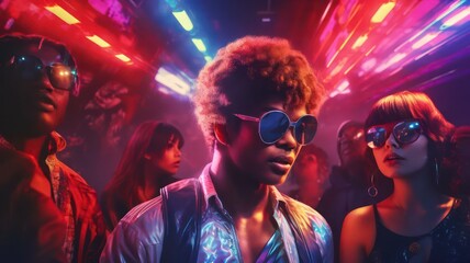 People in a disco with blue sunglasses retro style created with Generative AI