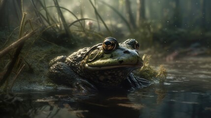 Common European frog (Bufo bufo) in the swamp. Wilderness Concept. Wildlife Concept.