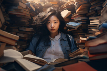 Portrait of an Asian girl surrounded by books