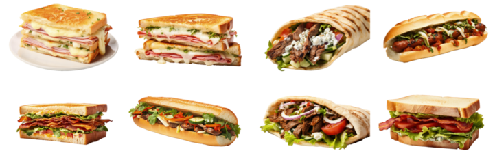 Set of Greek gyro sandwich, gourmet French croque-monsieur sandwich, Turkish doner kebab sandwich, Argentinian choripán sandwich, American BLT sandwich 