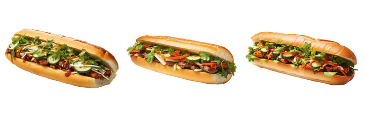 Set of traditional Vietnamese banh mi sandwich side view isolated on transparent background - obrazy, fototapety, plakaty