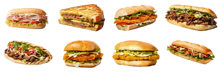 Set of Turkish doner kebab sandwich, canadian peameal bacon, Korean bulgogi beef sandwich, German schnitzel sandwich isolated transparent background