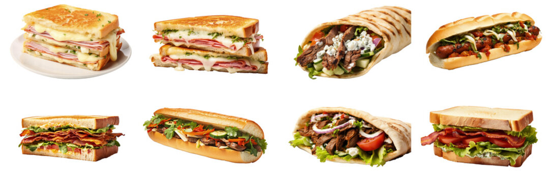 Set of Greek gyro sandwich, gourmet French croque-monsieur sandwich, Turkish doner kebab sandwich, Argentinian choripán sandwich, American BLT sandwich 