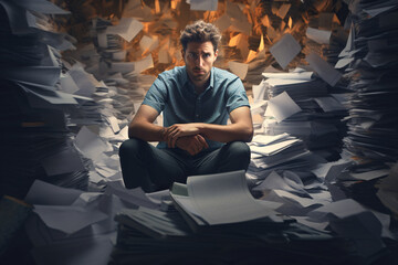 A man surrounded by papers and paperwork, depicting the concept of drowning in paperwork, bills, or debt