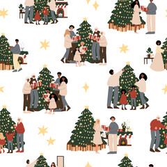 Merry Christmas seamless pattern, family decorating Christmas tree digital paper, presents gifts scrapbook paper, diverse character background, xmas vector illustration clipart, flat style images.