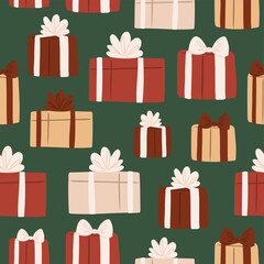 Merry Christmas seamless pattern, family decorating Christmas tree digital paper, presents gifts scrapbook paper, diverse character background, xmas vector illustration clipart, flat style images.