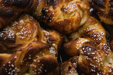 Swedish fika. Homemade buns. Close up photo. 