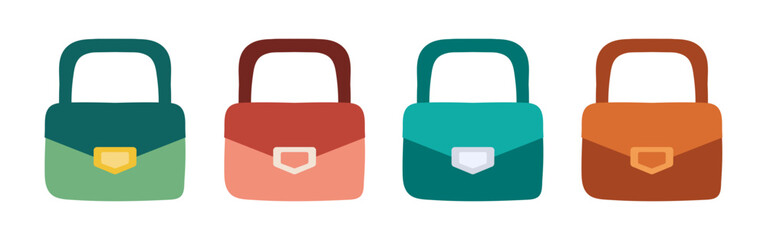 Obraz premium Set of small Women Handbag in different colors. Ladies mini compact bag with metal clasp. Clutch, purse with handle. Fashionable accessory made of eco leather. Glamorous style. Vector illustration.