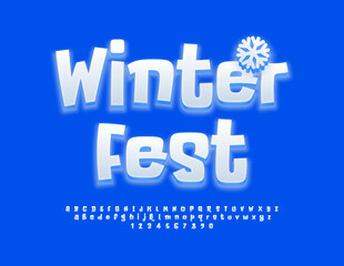 Vector cute poster Winter Fest with decorative Snowflake. Glowing White Font. Handwritten Alphabet Letters and Numbers set