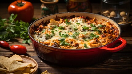 chicken tortilla casserole in a red ceramci baking dish with chicken, tortillas, black beans, cheese and redn and green salsa, copy space, 16:9