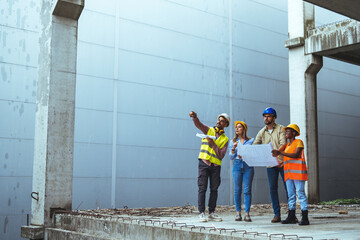 Real Estate Project Construction Site with Architectural Engineer, Investor and Worker Completing Building Development. Group of engineers with blueprints standing on construction site.