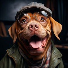 stylistic illustration of a Dogue de Bordeaux mastiff dog in various clothing styles and interiors for lovers of the breed and for a positive mood - obrazy, fototapety, plakaty