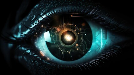 Humanlike robot's eye. Cyber security concept. Innovative future technology for identification, payment and medical health care. Futuristic view.