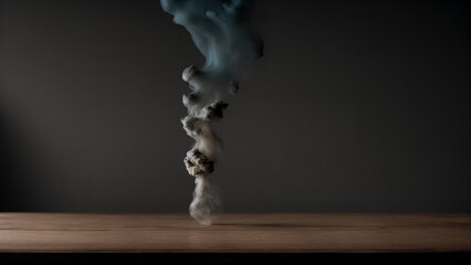 Smoke from a chimney, empty wooden table with smoke floating on a dark background, stream of smoke, chemical reaction, witchcraft, magic