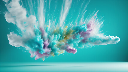 Turquoise, purple and white with yellow Holi paint color, powder explosion over smooth surface, Indian festival