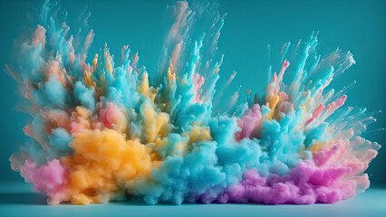 Turquoise, purple and white with pink and orange Holi paint color, powder explosion on smooth surface, Indian festival