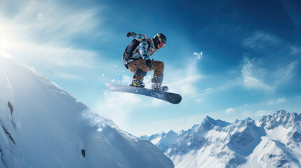 Naklejka na ściany i meble Snowboarder executing perfect grab while soaring off jump
