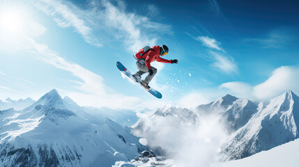 Snowboarder executing perfect grab while soaring off jump - obrazy, fototapety, plakaty