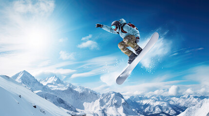 Stylish tail grab by snowboarder soaring in blue sky off jump