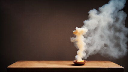 Smoke from a bowl that stands on a wooden table, a calm brown warm background, witchcraft, an ancient ritual, mysticism, incense