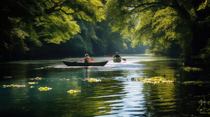 Canoeists navigating through nature
