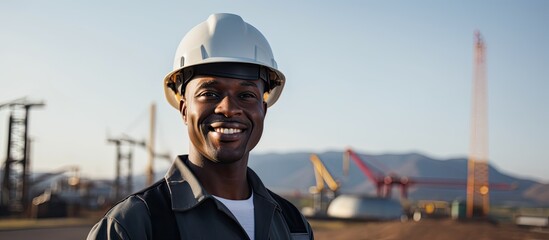In the vast space of a construction site, a young black man, donning a safety hat, dons a happy face while his portrait captures his dedication as an engineer in the oil industry, tirelessly working - obrazy, fototapety, plakaty