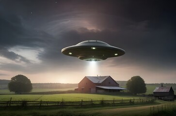 UFO, an alien spaceship with rays hovering over a farm in a field. Generative AI