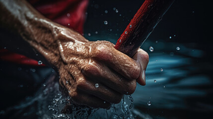 Close-up canoeist's gripping hand