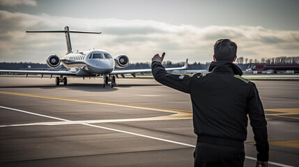 ground crew marshal signaling a private jet while taking off from the airport