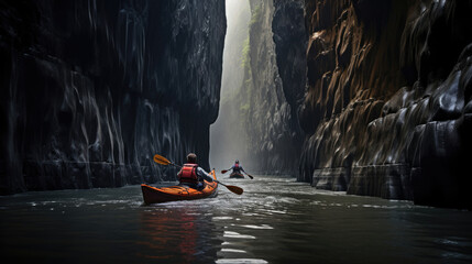 Kayakers in fast-flowing river cliffs