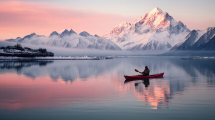 Kayaker on glassy lake snow-capped mountains - obrazy, fototapety, plakaty