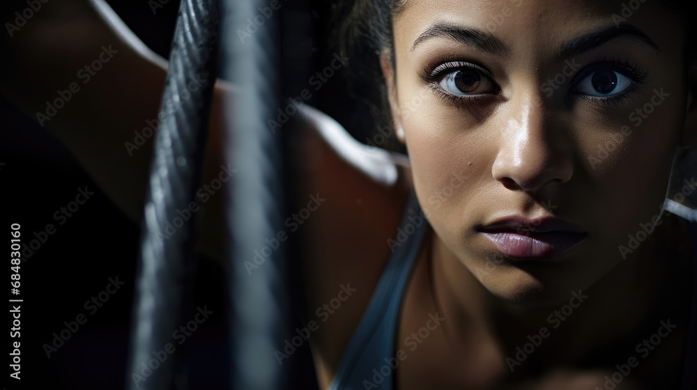 Poster gymnast's fierce concentration on uneven bars routine