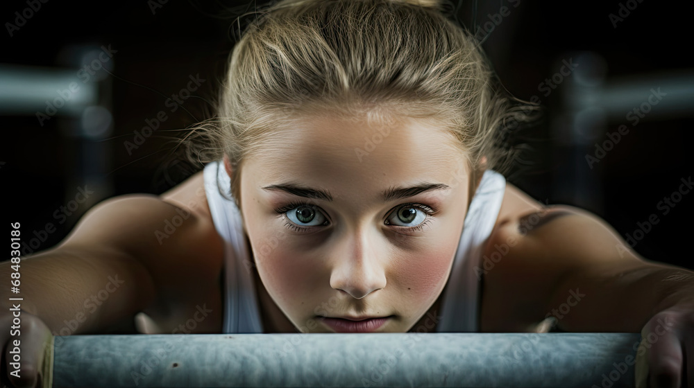 Wall mural gymnast's fierce concentration on uneven bars routine