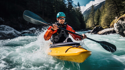 Kayaker powering through fast-flowing river