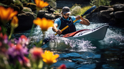 Kayaker expertly navigating tight bends in meandering river - obrazy, fototapety, plakaty