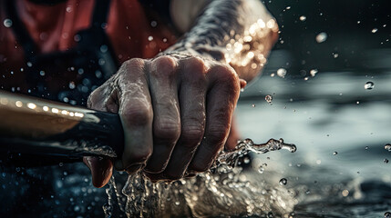 Close-up of kayaker's hand gripping paddle in challenging waters - obrazy, fototapety, plakaty