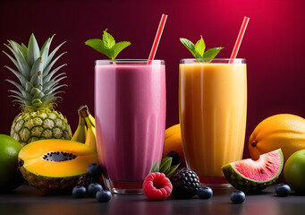 A delicious tropical fruit smoothie in a glass with a straw and lots of fruit around it, dark red background. AI Generative