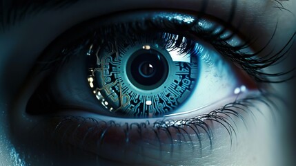 Humanlike robot's eye. Young woman with iris scanning. Cyber security concept. Innovative future...