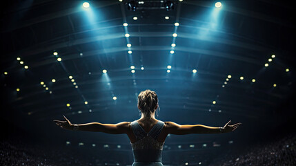 Gymnast poised on high beam arms extended in balance - obrazy, fototapety, plakaty
