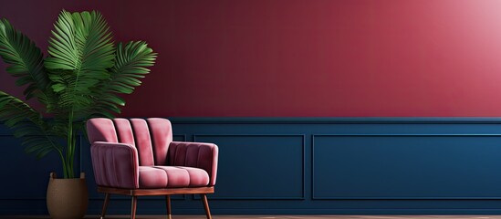 Golden-framed navy blue armchair in a burgundy room with wooden cupboard and Monstera Deliciosa.