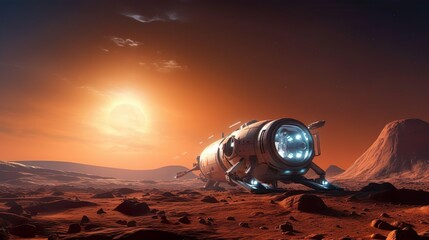 A spacecraft makes a scientific expedition to red planet Mars. A modern technological rover spaceship landed on the red planet to find water on Mars. Mission flight beyond the solar system. Global - obrazy, fototapety, plakaty